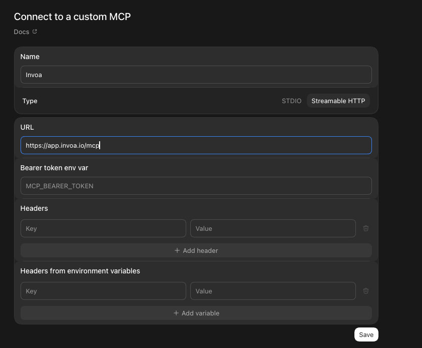 The "Connect to a custom MCP" form with name Invoa, Streamable HTTP and the Invoa MCP URL