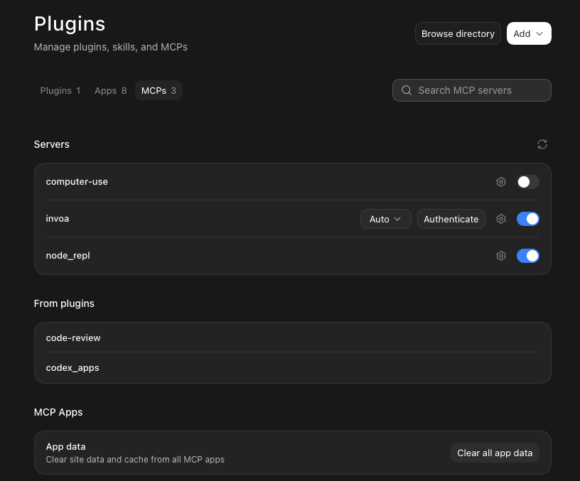 The MCPs list with an Authenticate button next to invoa