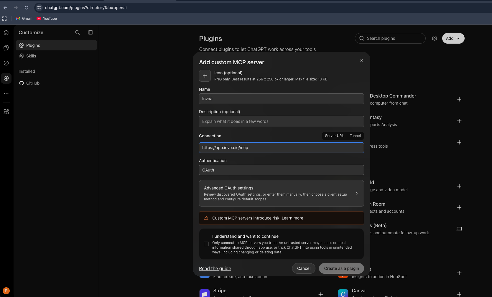 The "Add custom MCP server" form with name Invoa, the Invoa server URL and OAuth
