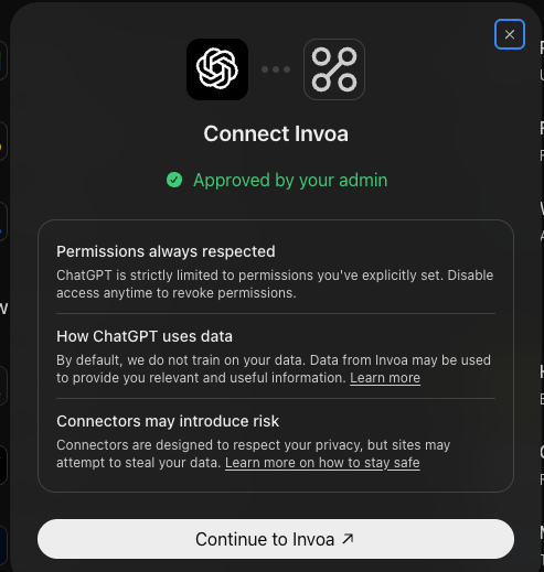 ChatGPT's "Connect Invoa" dialog with a Continue to Invoa button